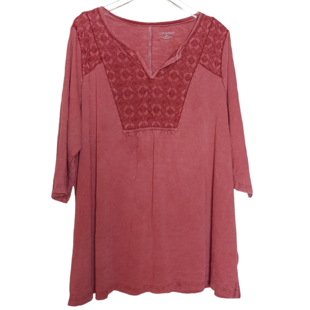 Catherine's Women's 1X Boho Crochet 3/4 Sleeve Flowy Tunic Blouse Terracotta